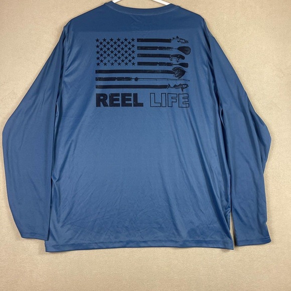 Reel‎ Life Mens XL Long Sleeve Performance Fishing Shirt Blue Crew Neck Logo - Picture 11 of 12